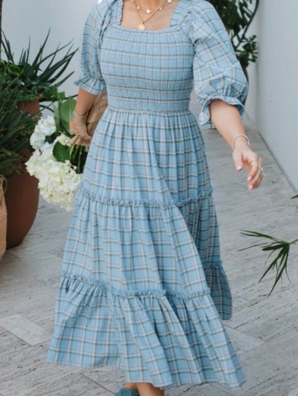 Ivy City Co Madeline Midi Dress Plaid Smocked Blue Cottagecore Romantic Size M